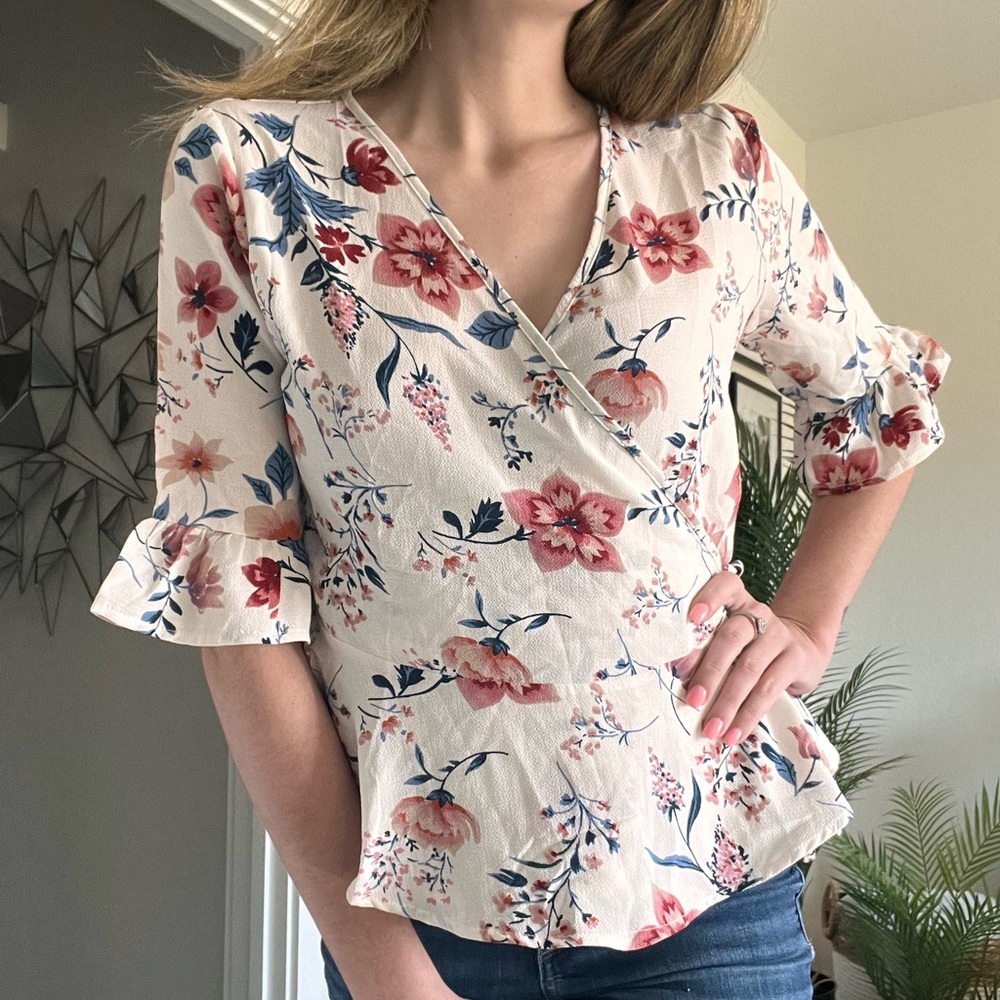 Floral 1/2 Sleeve Tie Blouse - Picture 5 of 14